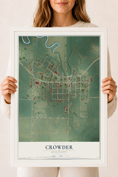 Map of Crowder, Mississippi, 18 x 24 inch print in a white wood frame