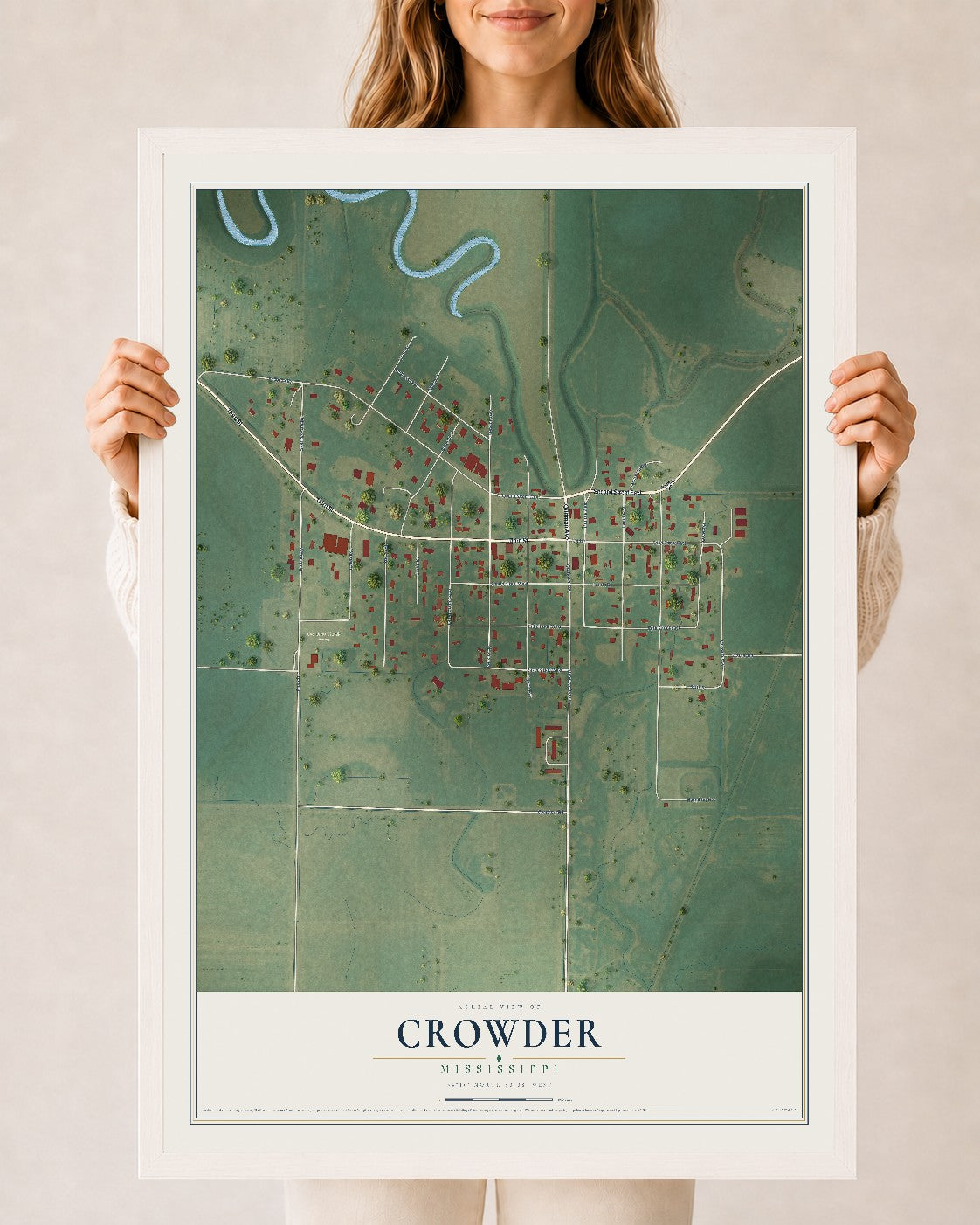 Map of Crowder, Mississippi, 24 x 36 inch print in a white wood frame