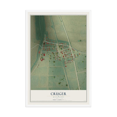 Map of Cruger, Mississippi, 12 x 18 inch print in a white wood frame