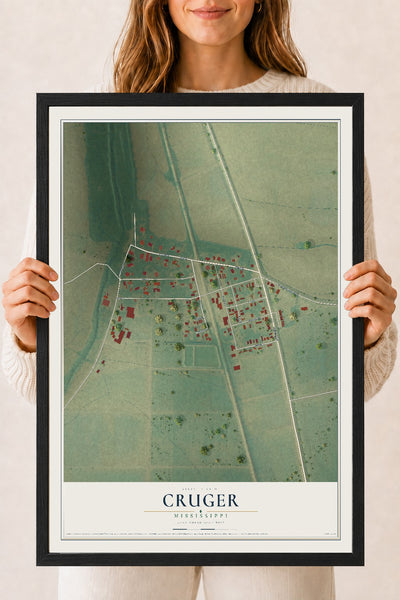 Map of Cruger, Mississippi, 18 x 24 inch print in a black wood frame