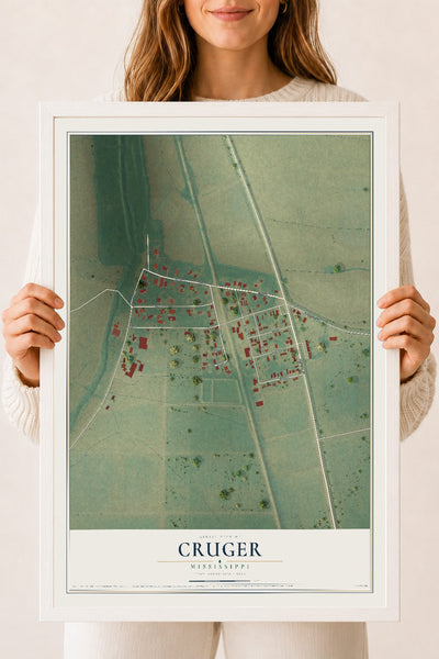 Map of Cruger, Mississippi, 18 x 24 inch print in a white wood frame