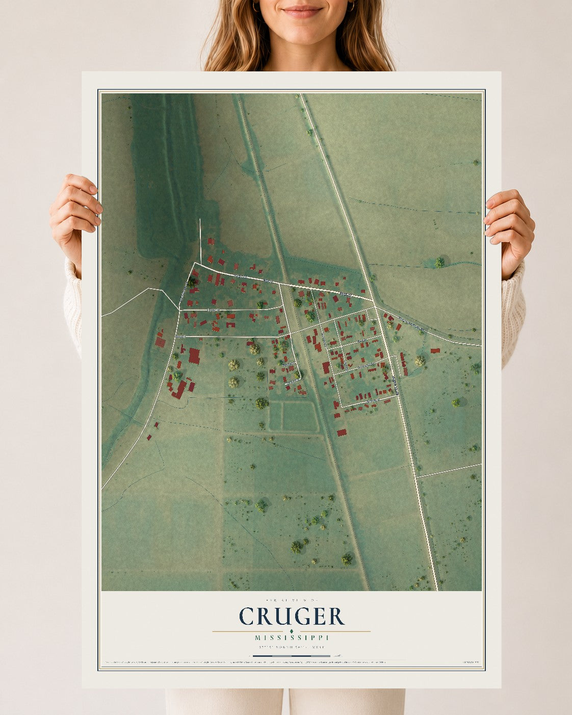 Map of Cruger, Mississippi, 24 x 36 inch unframed archival matte print