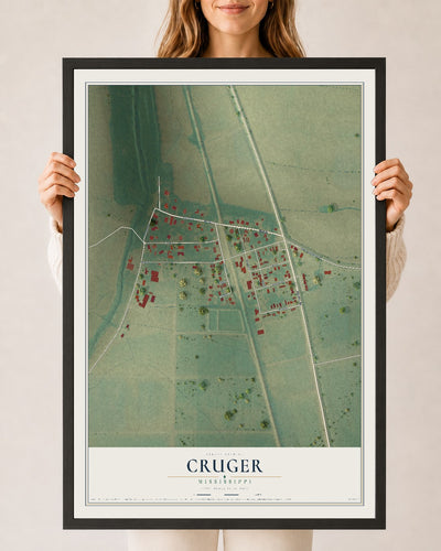 Map of Cruger, Mississippi, 24 x 36 inch print in a black wood frame