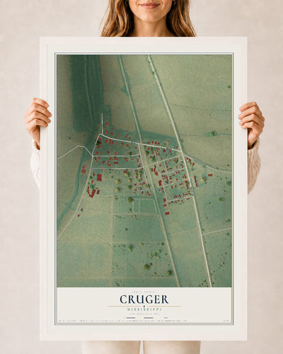 Map of Cruger, Mississippi, 24 x 36 inch print in a white wood frame