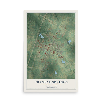Map of Crystal Springs, Mississippi, 12 x 18 inch unframed archival matte print