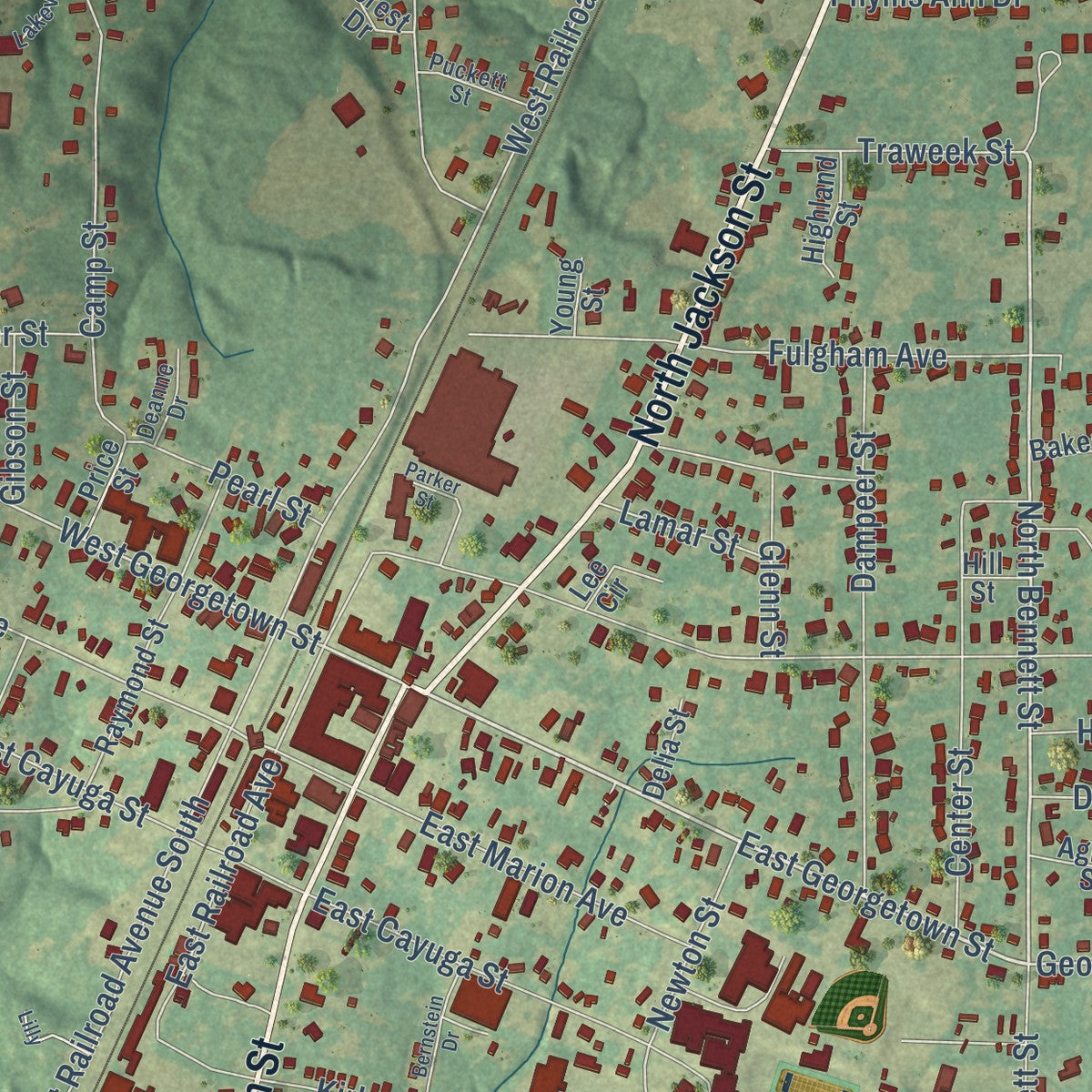 Close-up of the map of Crystal Springs, Mississippi print showing street and building detail