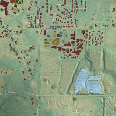 Second close-up of the map of Crystal Springs, Mississippi print showing more streets and buildings