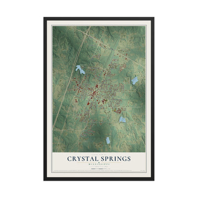 Map of Crystal Springs, Mississippi, 12 x 18 inch print in a black wood frame