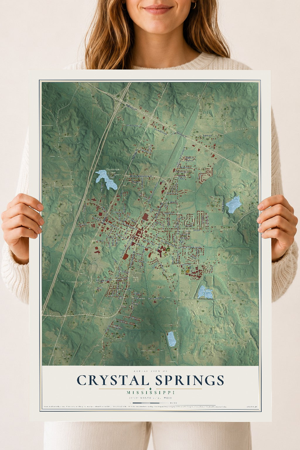 Map of Crystal Springs, Mississippi, 18 x 24 inch unframed archival matte print