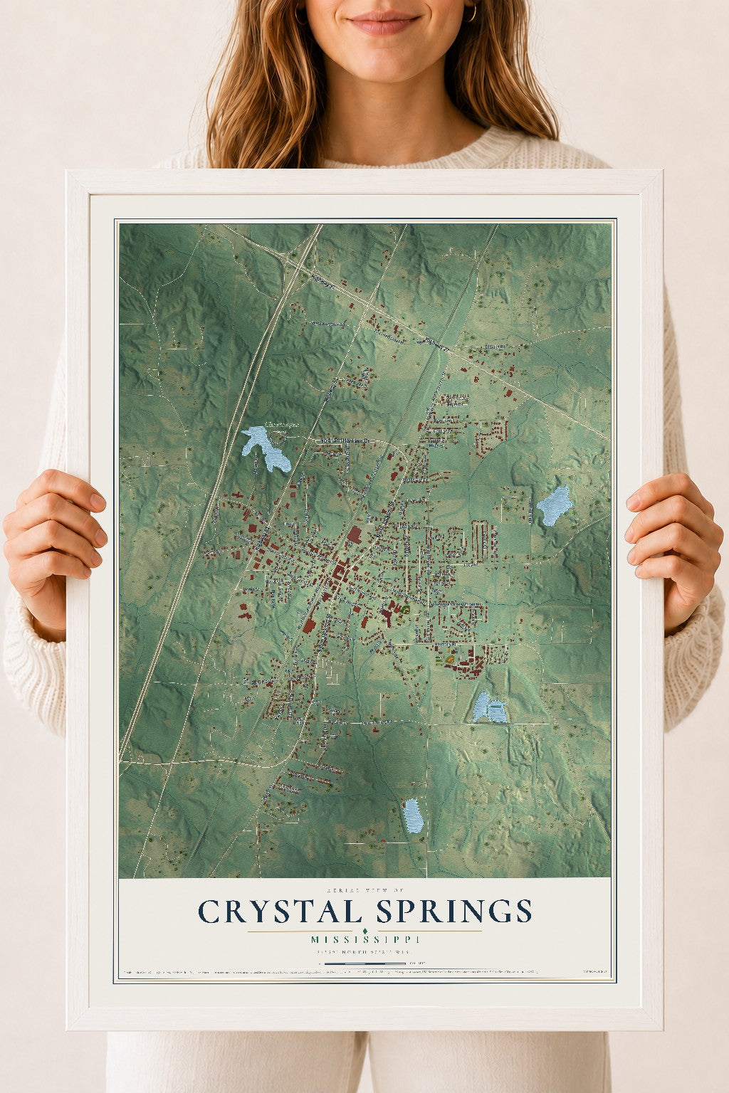 Map of Crystal Springs, Mississippi, 18 x 24 inch print in a white wood frame