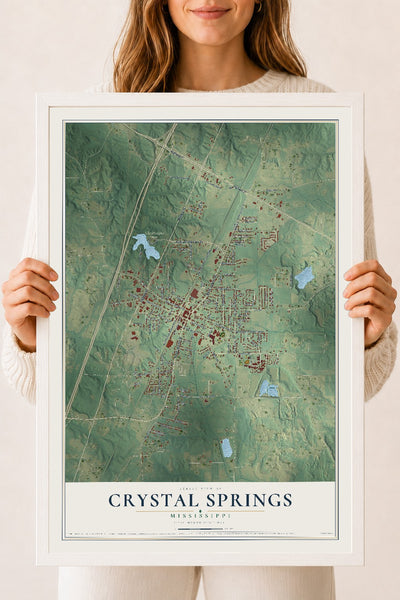 Map of Crystal Springs, Mississippi, 18 x 24 inch print in a white wood frame