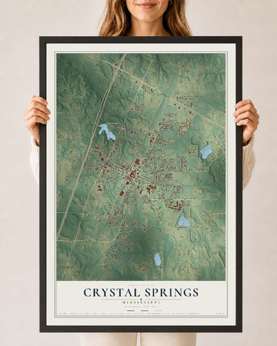 Map of Crystal Springs, Mississippi, 24 x 36 inch print in a black wood frame