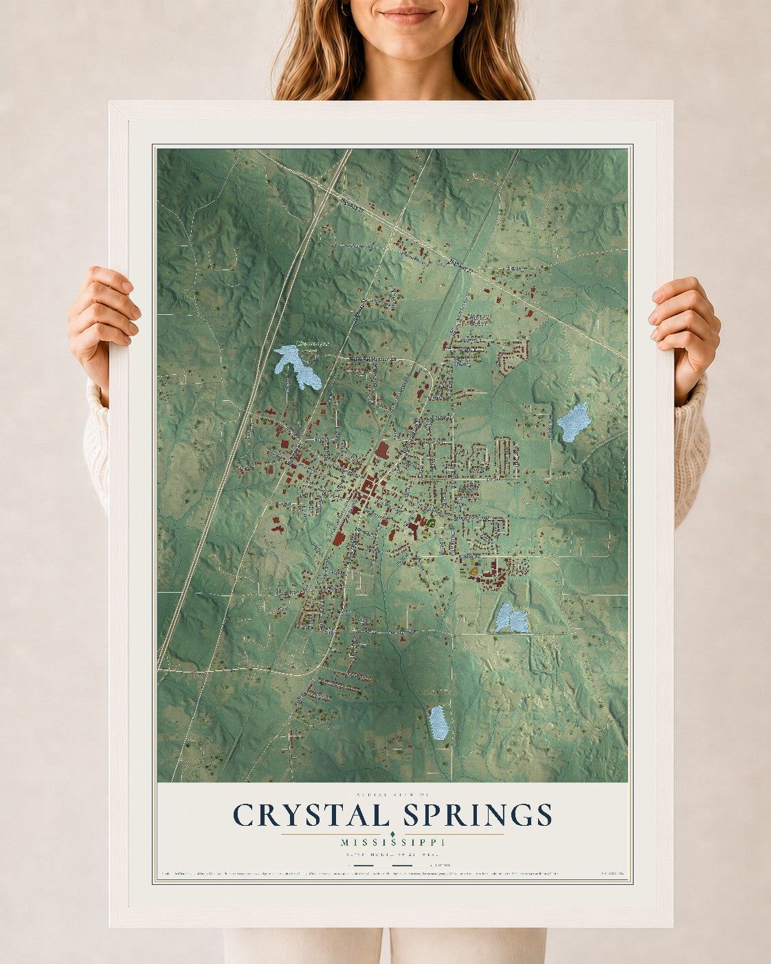 Map of Crystal Springs, Mississippi, 24 x 36 inch print in a white wood frame