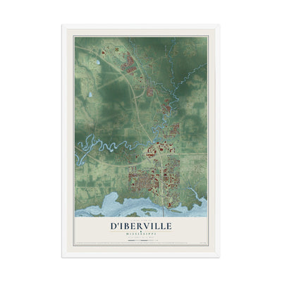 Map of D'Iberville, Mississippi, 12 x 18 inch print in a white wood frame