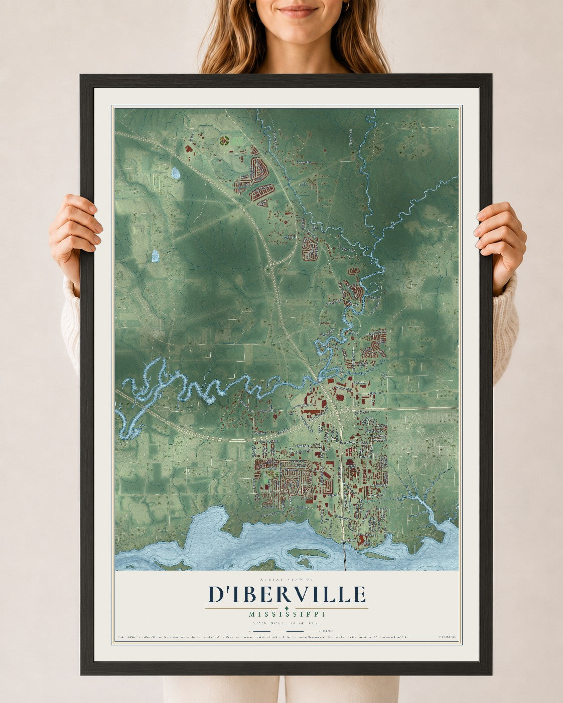 Map of D'Iberville, Mississippi, 24 x 36 inch print in a black wood frame