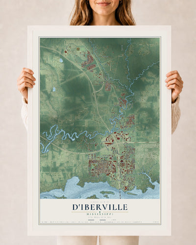 Map of D'Iberville, Mississippi, 24 x 36 inch print in a white wood frame