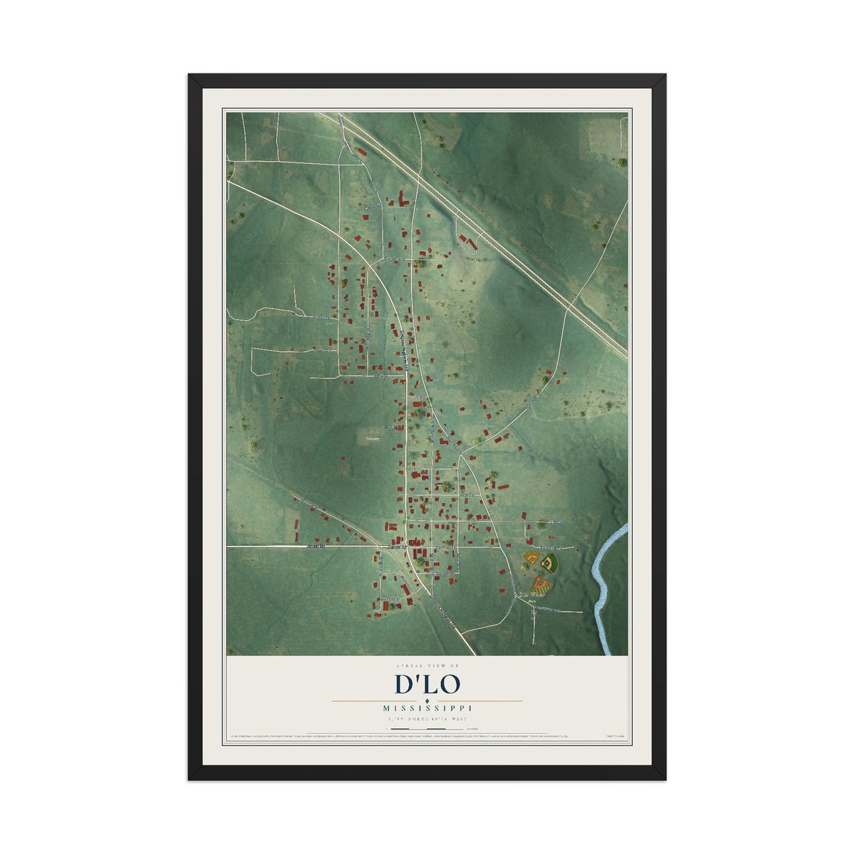 Map of D'Lo, Mississippi, 12 x 18 inch print in a black wood frame