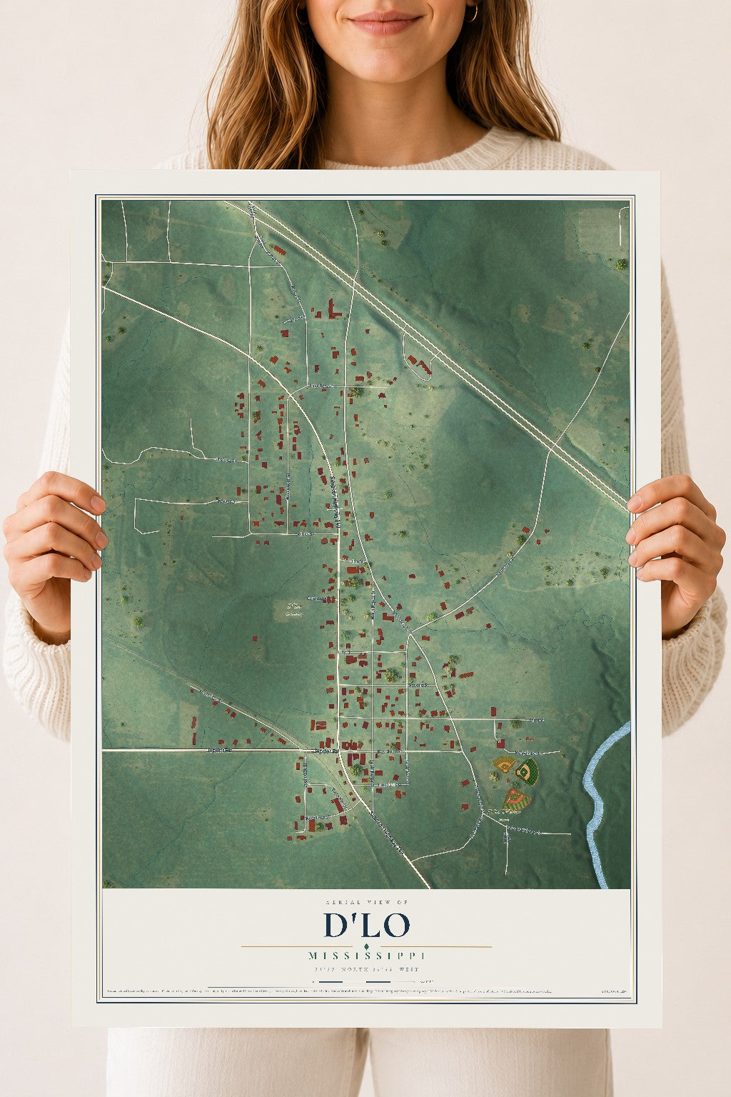 Map of D'Lo, Mississippi, 18 x 24 inch unframed archival matte print