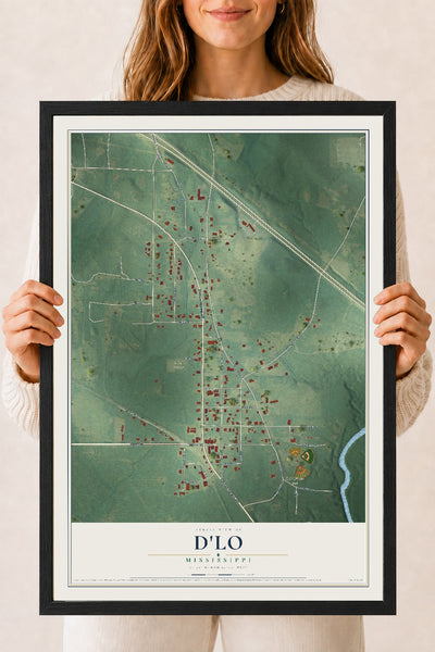Map of D'Lo, Mississippi, 18 x 24 inch print in a black wood frame