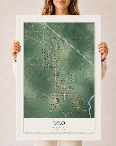 Map of D'Lo, Mississippi, 24 x 36 inch print in a white wood frame