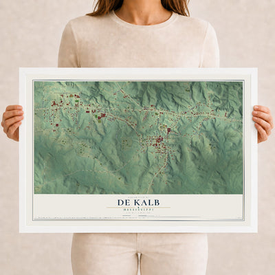 Map of De Kalb, Mississippi, 12 x 18 inch print in a white wood frame
