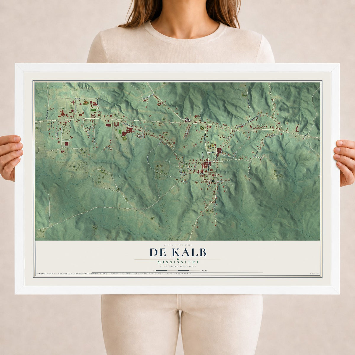 Map of De Kalb, Mississippi, 18 x 24 inch print in a white wood frame