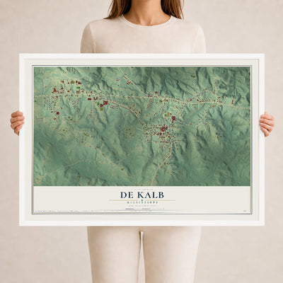 Map of De Kalb, Mississippi, 24 x 36 inch print in a white wood frame