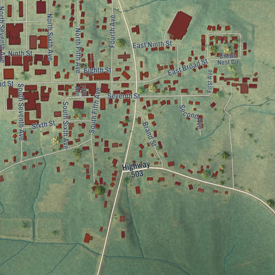 Close-up of the map of Decatur, Mississippi print showing street and building detail