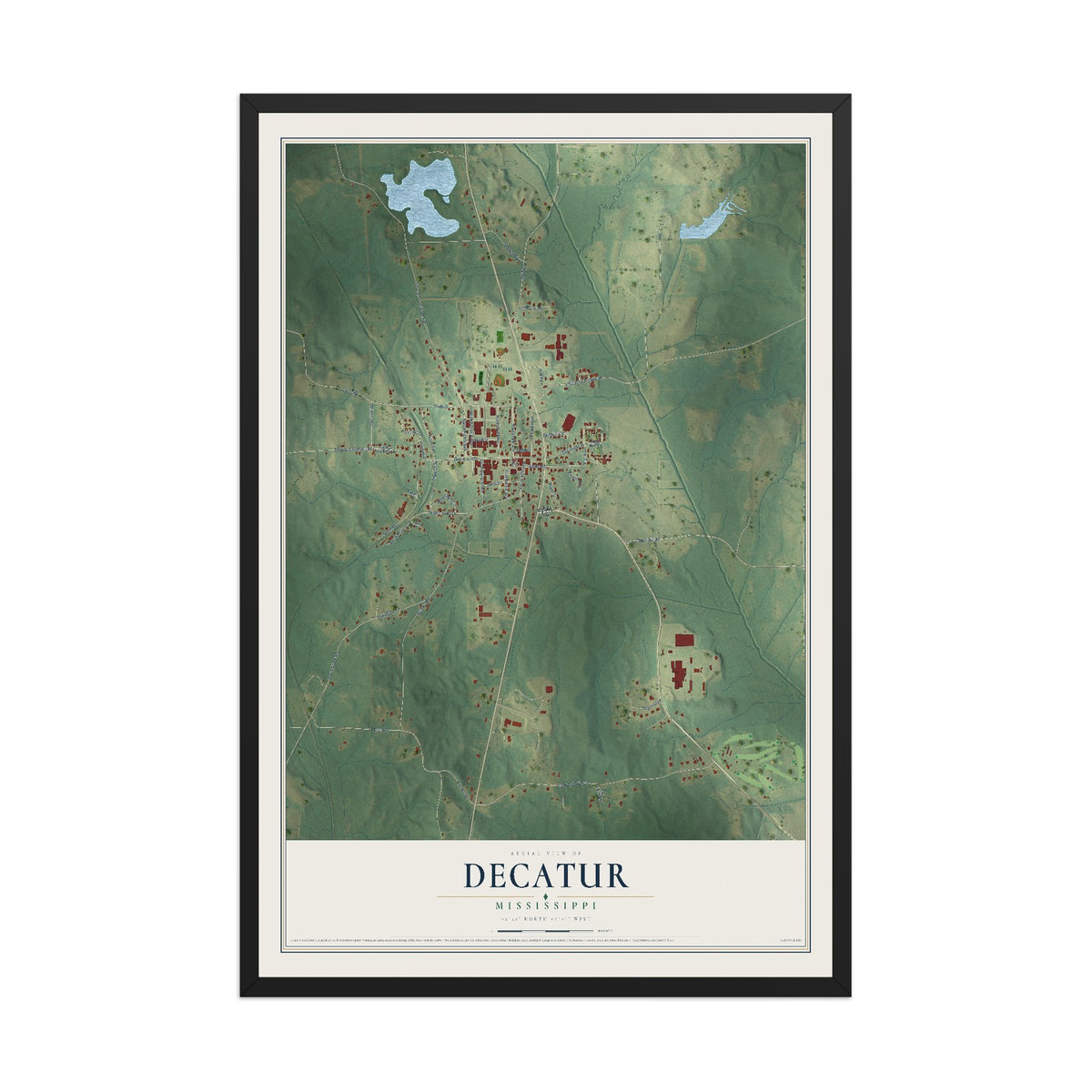 Map of Decatur, Mississippi, 12 x 18 inch print in a black wood frame