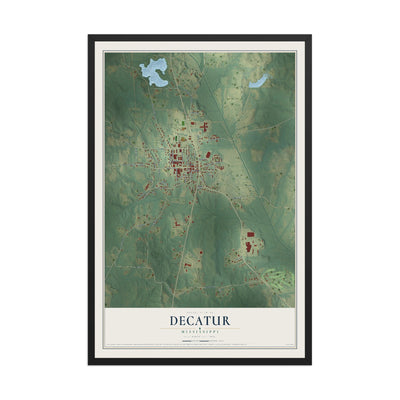 Map of Decatur, Mississippi, 12 x 18 inch print in a black wood frame