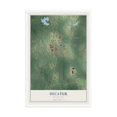 Map of Decatur, Mississippi, 12 x 18 inch print in a white wood frame