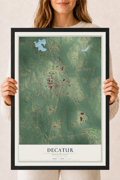 Map of Decatur, Mississippi, 18 x 24 inch print in a black wood frame