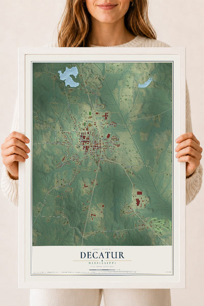 Map of Decatur, Mississippi, 18 x 24 inch print in a white wood frame