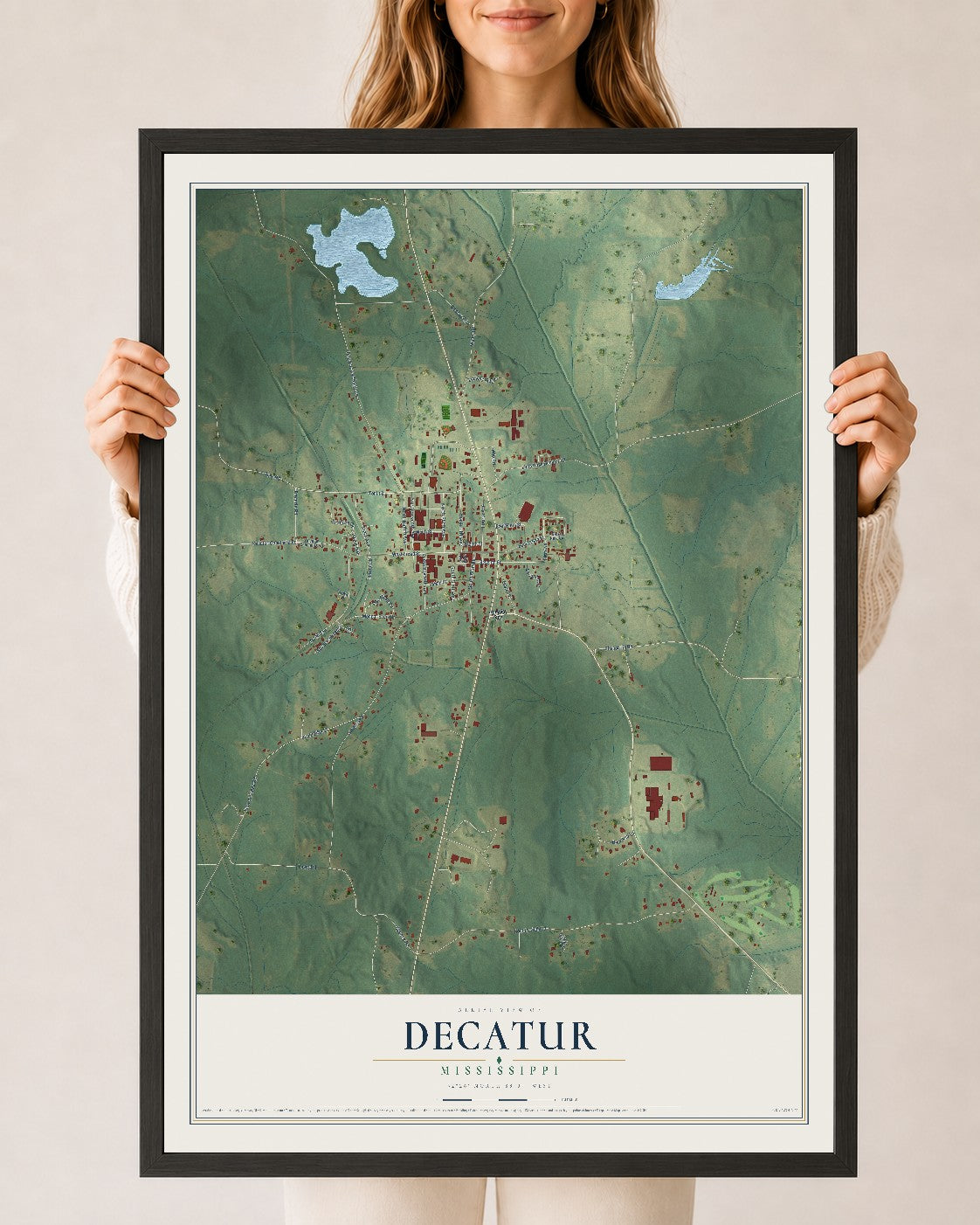 Map of Decatur, Mississippi, 24 x 36 inch print in a black wood frame