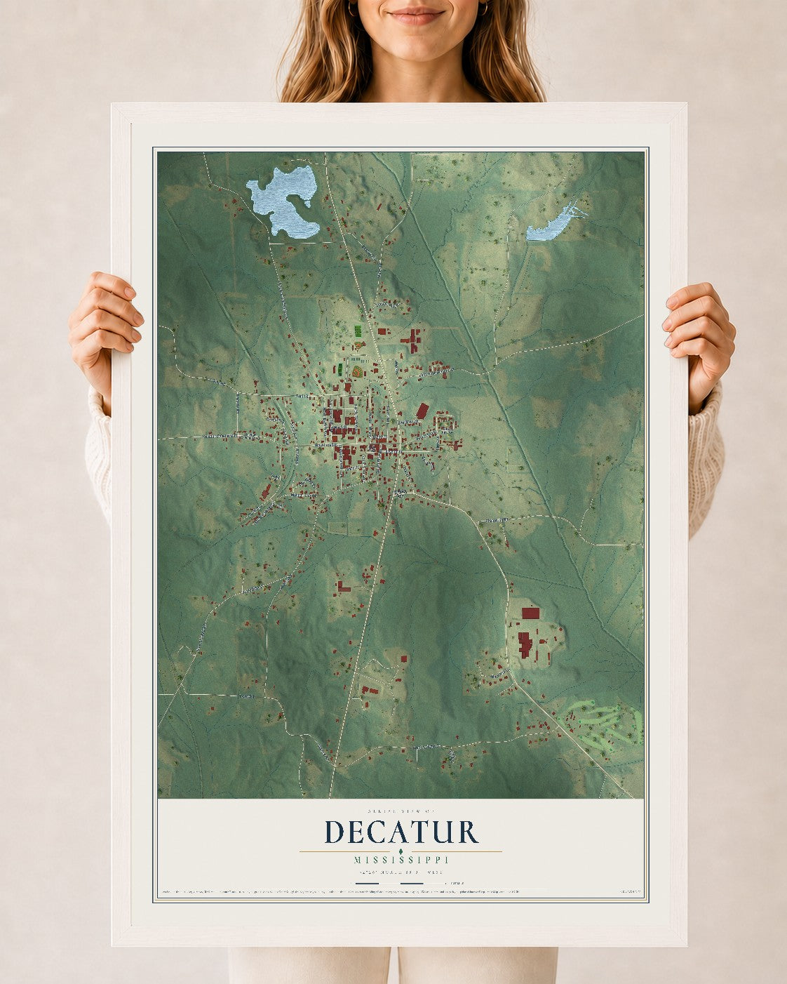 Map of Decatur, Mississippi, 24 x 36 inch print in a white wood frame