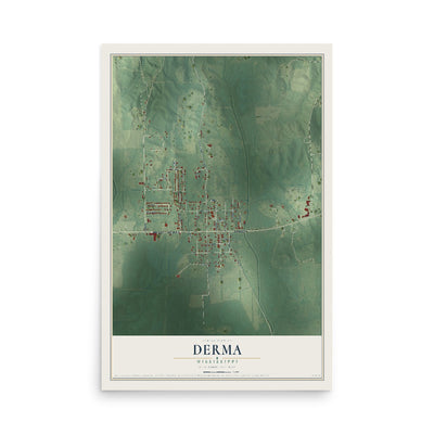 Map of Derma, Mississippi, 12 x 18 inch unframed archival matte print