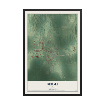 Map of Derma, Mississippi, 12 x 18 inch print in a black wood frame