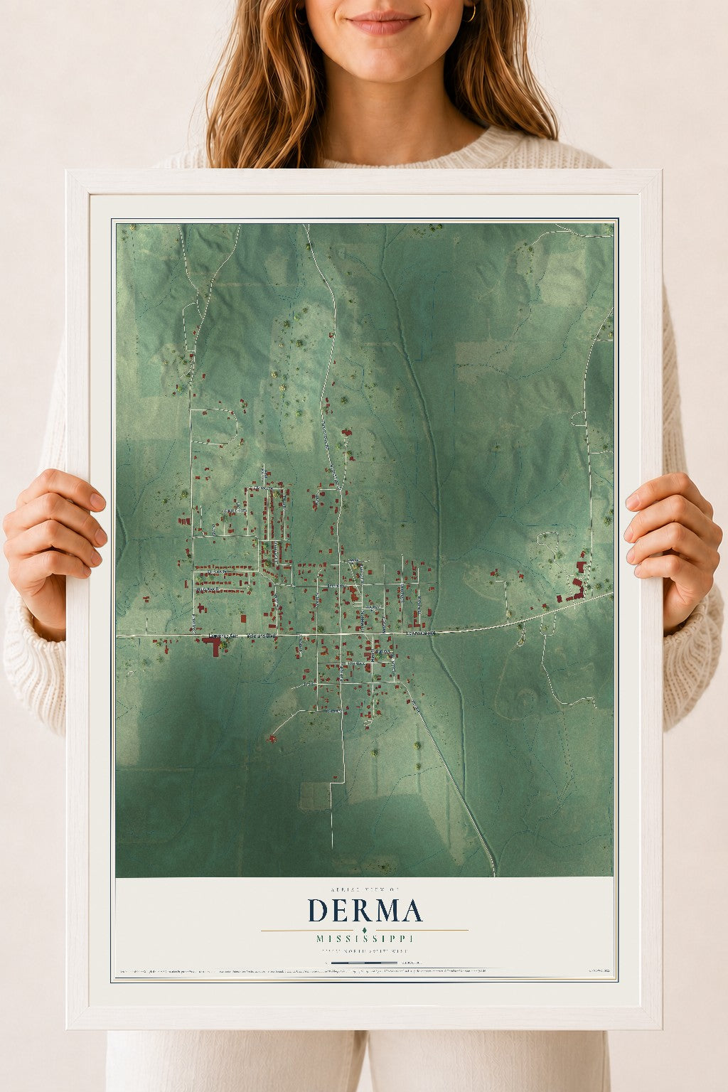 Map of Derma, Mississippi, 18 x 24 inch print in a white wood frame