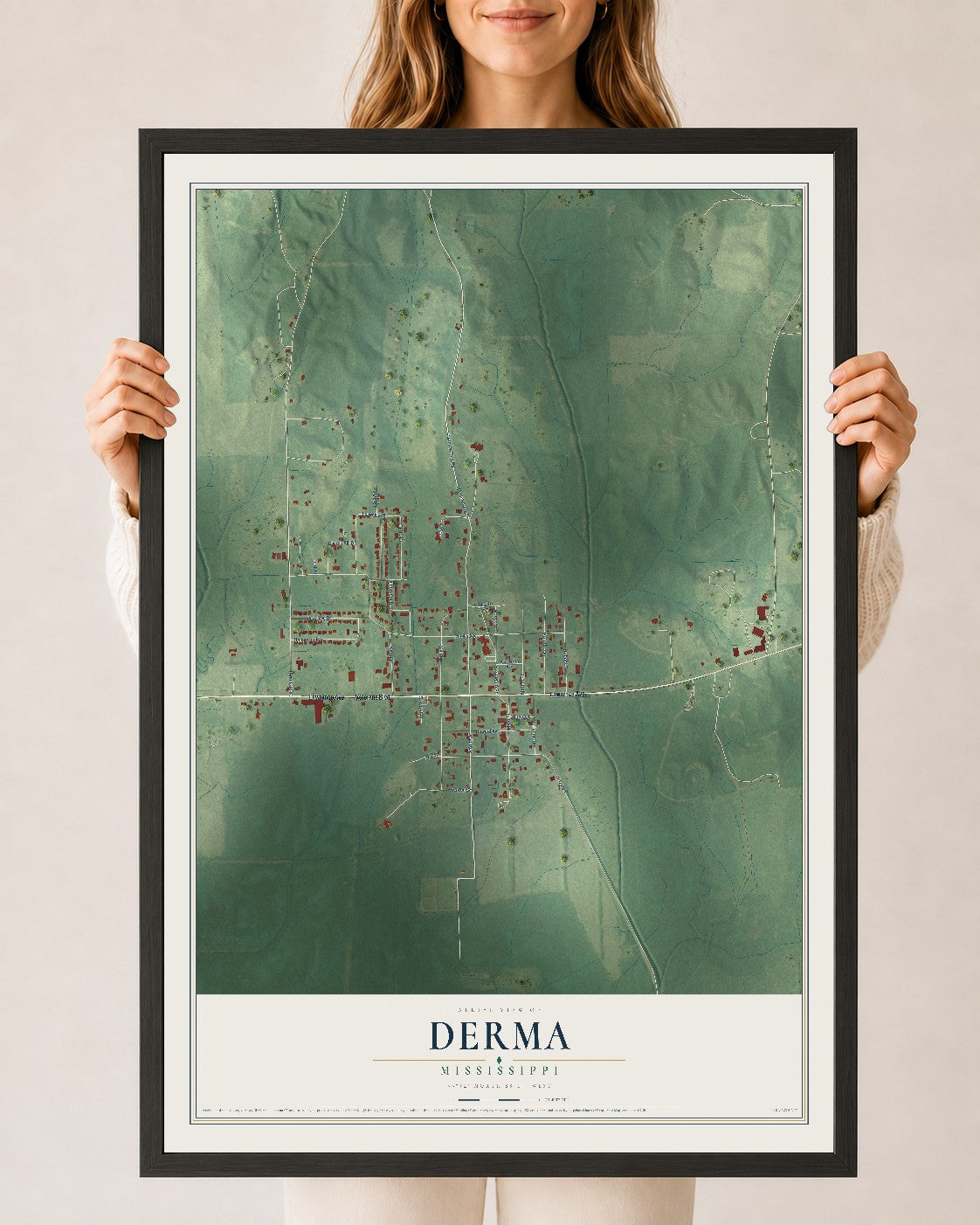 Map of Derma, Mississippi, 24 x 36 inch print in a black wood frame