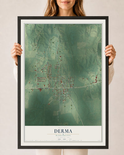Map of Derma, Mississippi, 24 x 36 inch print in a black wood frame