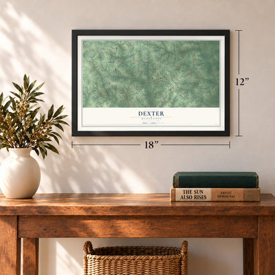 Dexter, Mississippi map, 12 x 18 inch print in a black frame in an entryway