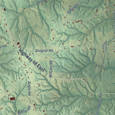 Close-up of the map of Dexter, Mississippi print showing street and building detail