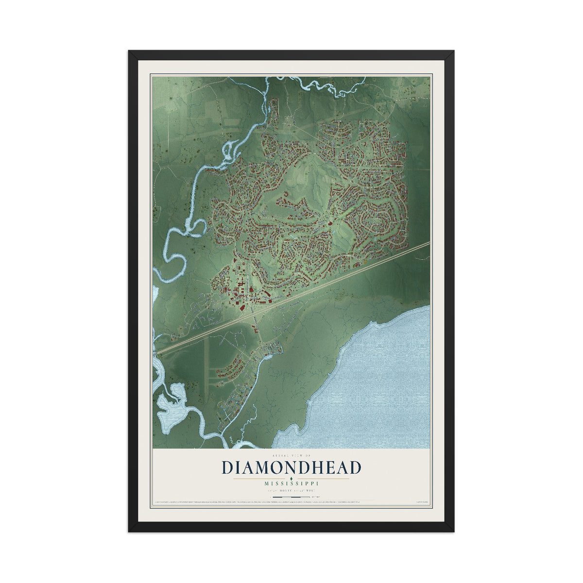 Map of Diamondhead, Mississippi, 12 x 18 inch print in a black wood frame
