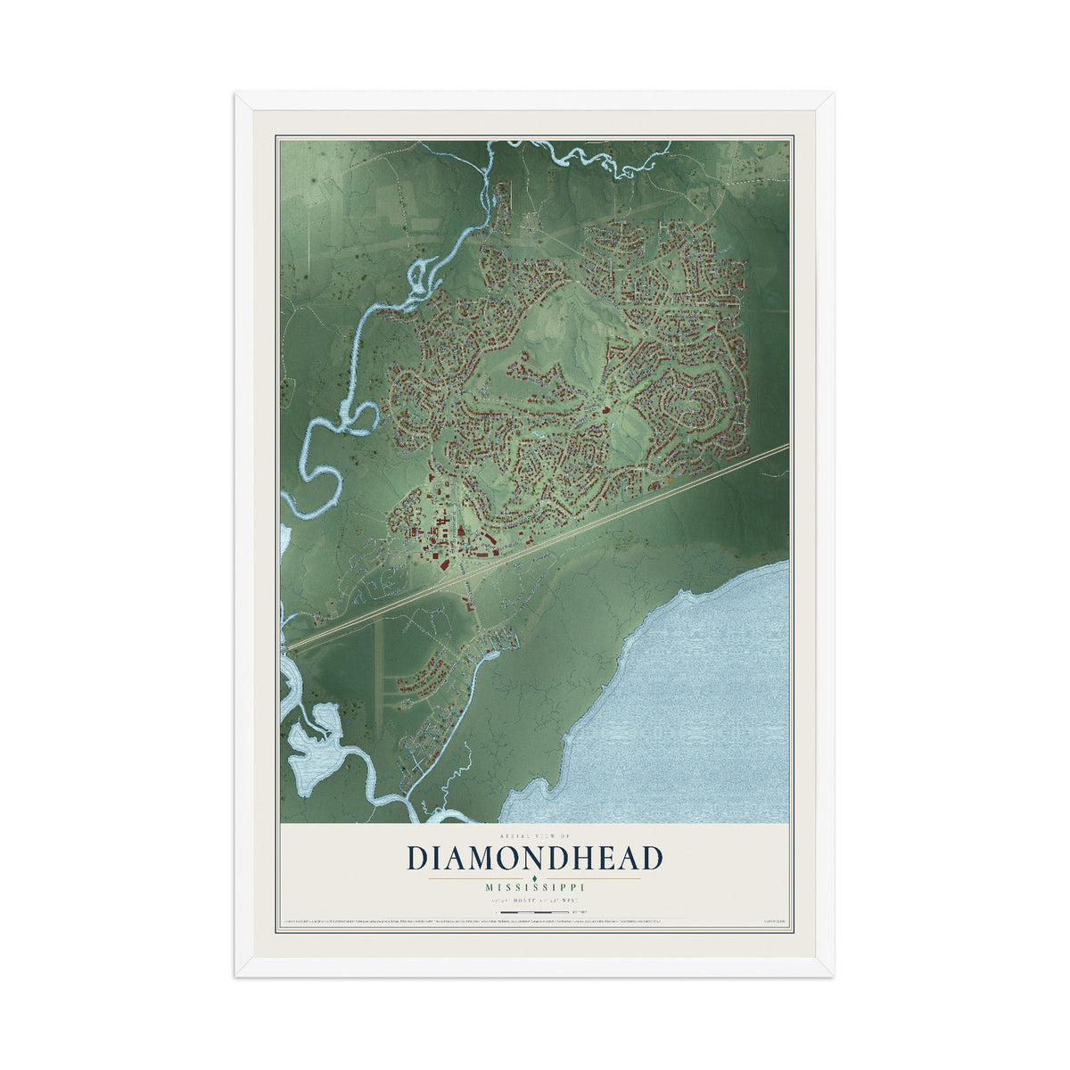 Map of Diamondhead, Mississippi, 12 x 18 inch print in a white wood frame