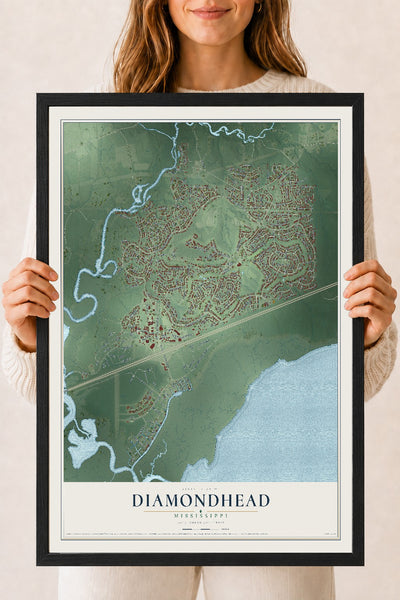 Map of Diamondhead, Mississippi, 18 x 24 inch print in a black wood frame