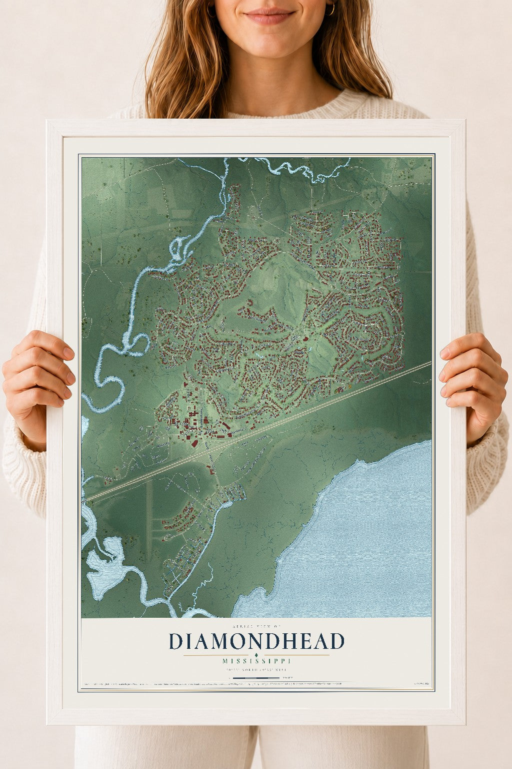Map of Diamondhead, Mississippi, 18 x 24 inch print in a white wood frame