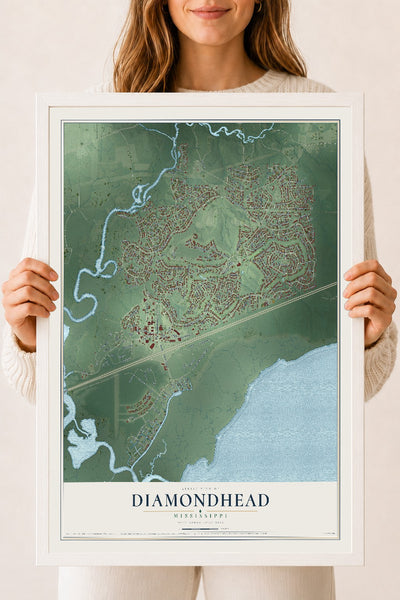 Map of Diamondhead, Mississippi, 18 x 24 inch print in a white wood frame
