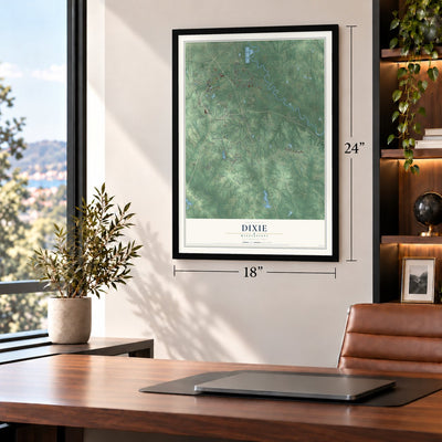 Dixie, Mississippi map, 18 x 24 inch print in a black frame in a home office