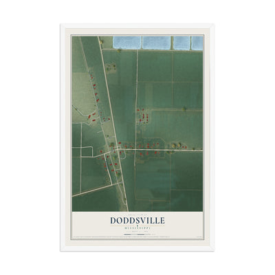 Map of Doddsville, Mississippi, 12 x 18 inch print in a white wood frame