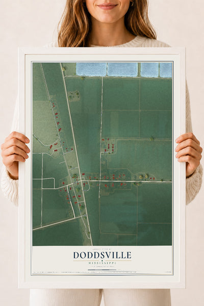 Map of Doddsville, Mississippi, 18 x 24 inch print in a white wood frame
